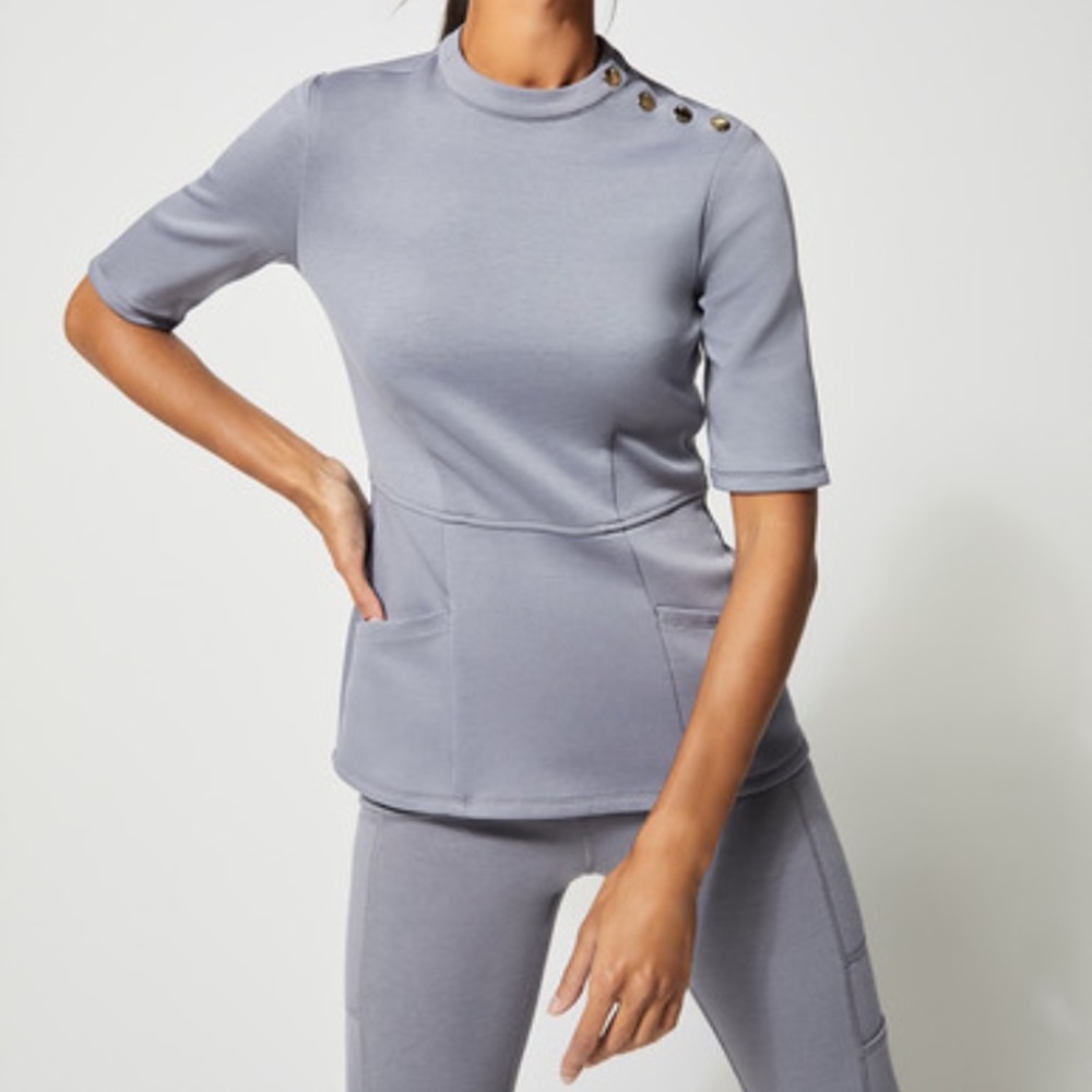 Jaanuu Ponte Snap Neck Scrub Top—XS.  GREY.  BNWT.